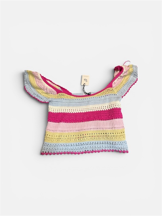 Sincerly Jules Tops - Sincerely Jules Crochet Stripe Ruffle Sleeve Top - Pink, Yellow, Blue, Cream